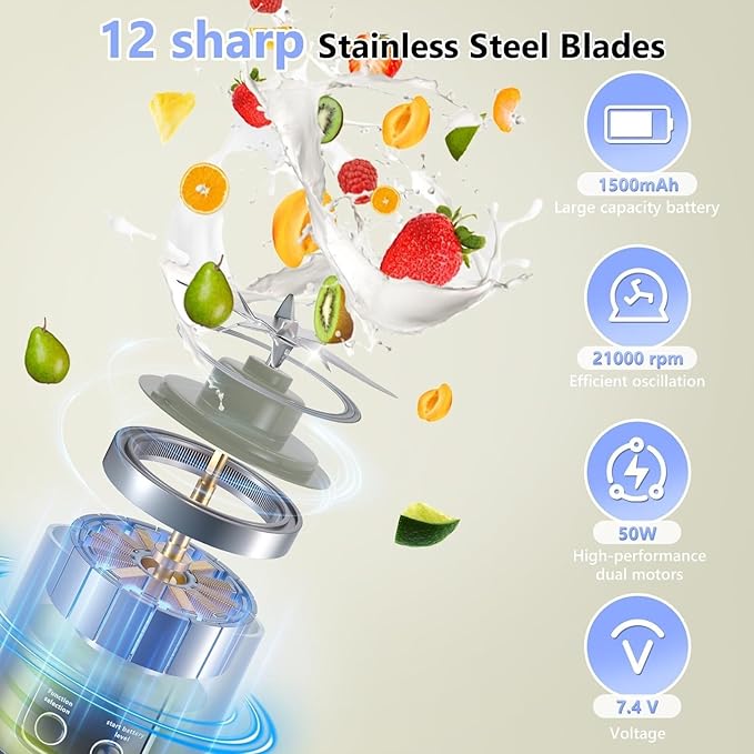Portable 16oz Cordless Blender, USB Rechargeable Personal Smoothie Maker Cup, High Speed Compact Mixer for Ice, Fruit & Protein Shakes, Travel Friendly Bottle with Drinking Lid, Easy Clean