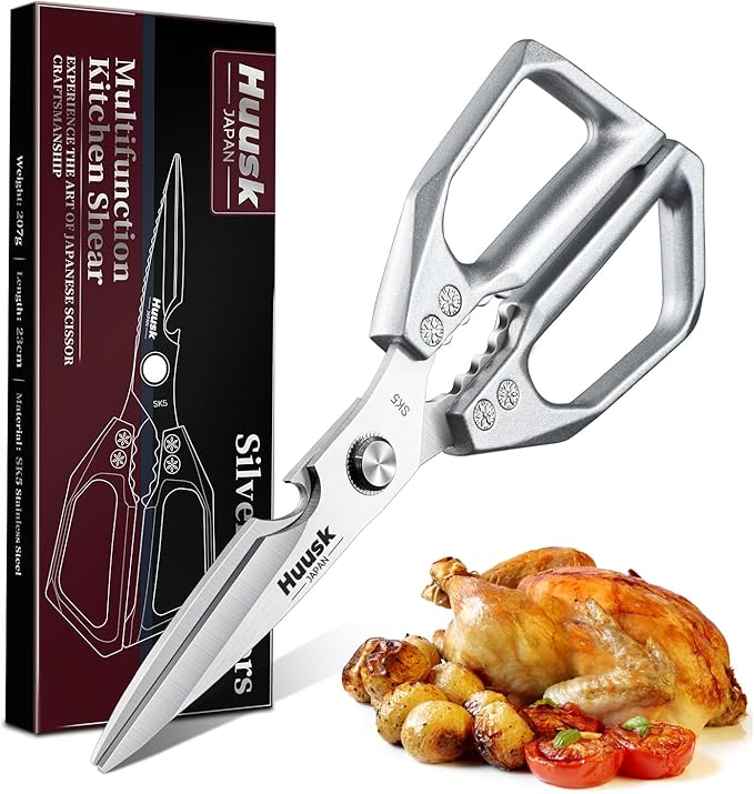 HUUSK Kitchen Scissors All Purpose - Stainless Steel Kitchen Shear, Sharp Silver Meat Scissors Dishwasher Safe, Heavy Duty Poultry Shears, Japanese Cooking Scissor for Food, Christmas Gifts for Women