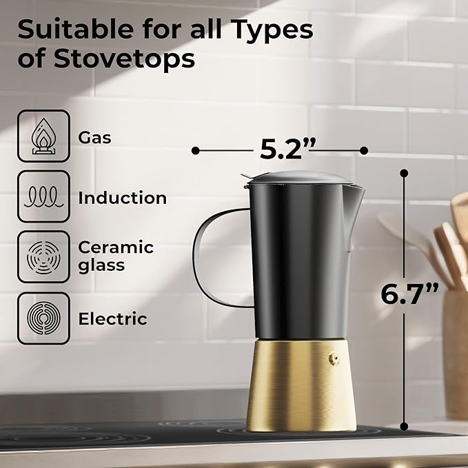 Stovetop Espresso Maker, Stainless Steel Moka Pot 6 Cup, Gold Espresso Maker (12 fl oz), Italian Coffee Pot, Compatible with Gas, Electric and Induction, Black & Gold Finish