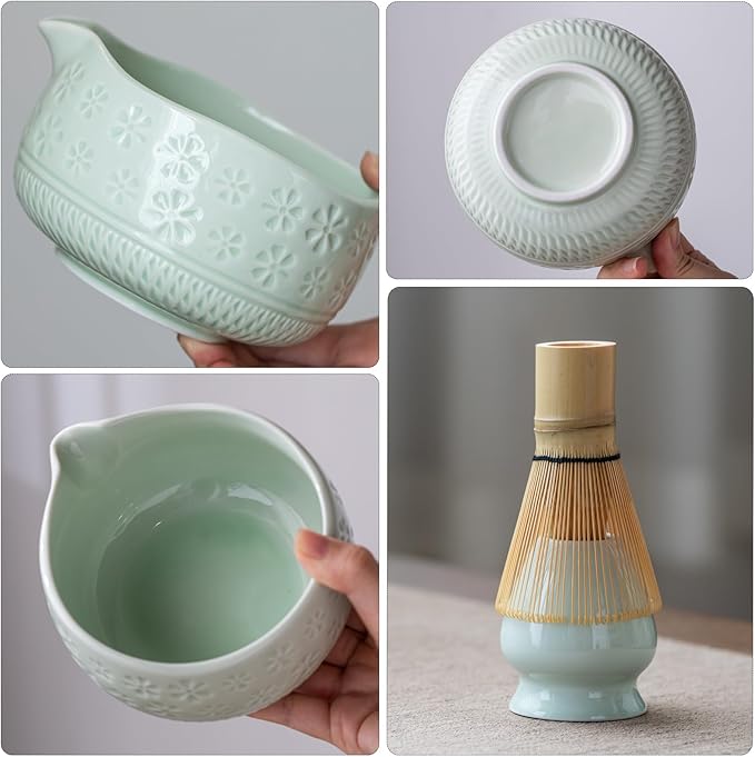 Buucup Matcha Whisk Set, Ceramic Matcha Kit Set Includes Matcha Bowl, Matcha Whisk and Holder, Bamboo Scoop, Scoop Rest, Sifter and Tea Towel - 7 Pcs Matcha Kit for Matcha Lovers (Mint)