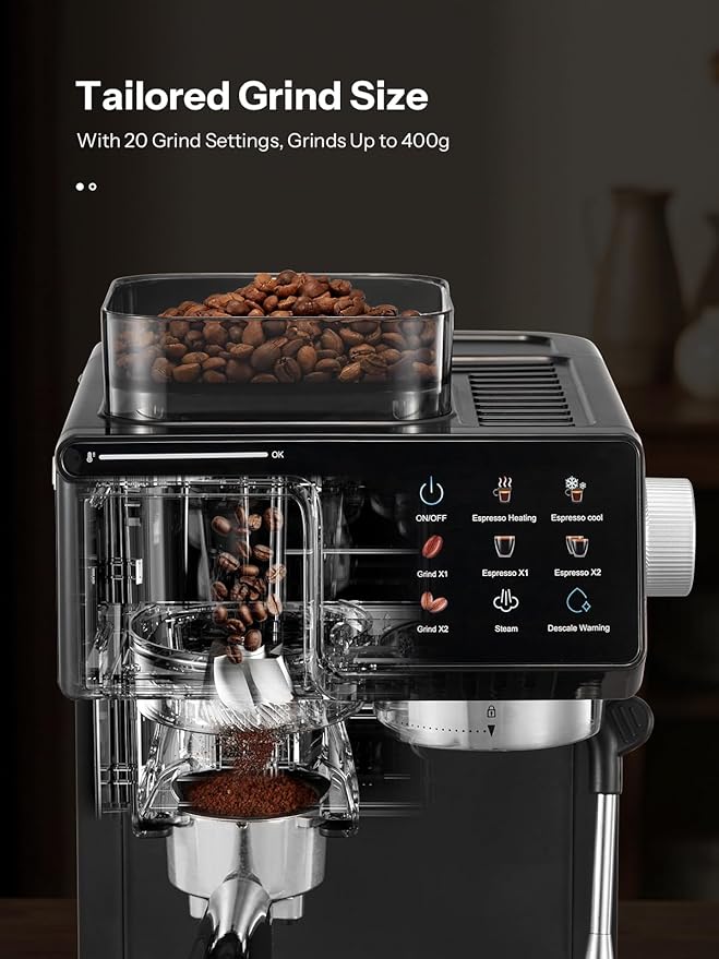 UDI 20Bar Espresso Machine with 20 Grind Settings - Touchscreen Control, Auto Grind (Single/Double Cup), Steam & Self-Cleaning, Quick Brew Café-Quality Coffee Maker for Home