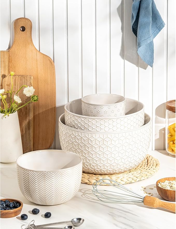 Ceramic Mixing Bowls, Embossed Nesting Bowls Set of 4, Mixing Bowl Set for Serving, Baking, Cooking and Gift, Microwave and Dishwasher Safe, 20/47/99/148 oz, Off-White