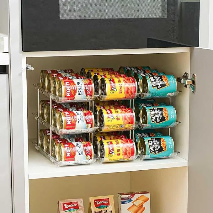 Amllas Can Organizer for Pantry, Stacking Can Storage Organizer Pantry, Automatic Rolling Can Rack for Fridge, 3Tire 3 Columns Can Holder for 36 Cans, Canned Goods Organizer