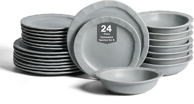Stone Lain Oasis 24-Piece Dinnerware Set Stoneware, Dishwasher and Microwave Safe Plates and Bowls Set, Dish Set for 8, Grey Blue