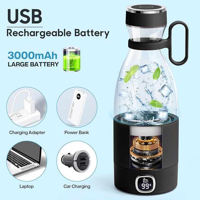 MIAOKE Portable Blender, 6 Blades Juicer Cup for Juice Shakes and Smoothies 350ml Mini Blender with Led Display Usb Rechargeable,3000Mah Rechargeable Battery, for Home Sports Outdoors Travel-Black