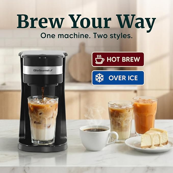 Elite Gourmet EHC113 Personal Single-Serve Compact Coffee Maker Brewer Includes 14Oz. Stainless Steel Interior Thermal Travel Mug, Compatible with Coffee Grounds, Reusable Filter, Black