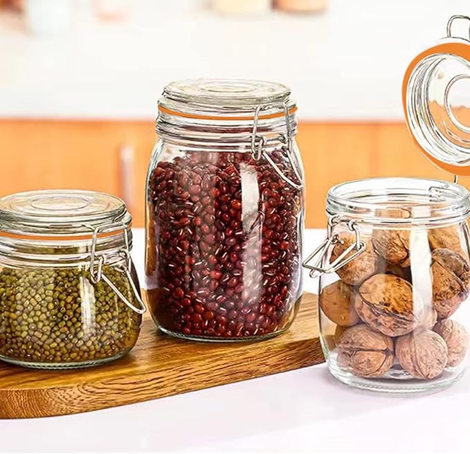Glass Jars 32oz,Airtight Glass Food Storage Jar with Clamp Lid,1000ml Rounded Airtight Canister with Leak Proof Rubber Gasket,Clear Glass Kitchen Jars for Dry Food,Cereal,Beans,6 Pack