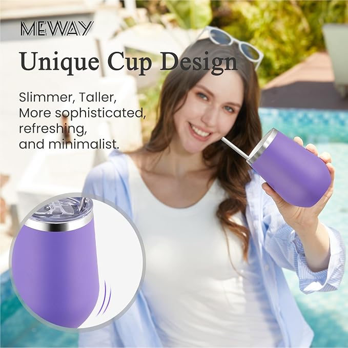 MEWAY 12oz Stainless Steel Wine Tumbler with Lid and Straw - Double Wall Stainless Steel Coffee Mug, Gift for Woman Under 10 dollars， 4 Pack Bulk tumblers(Purple,Set of 4)