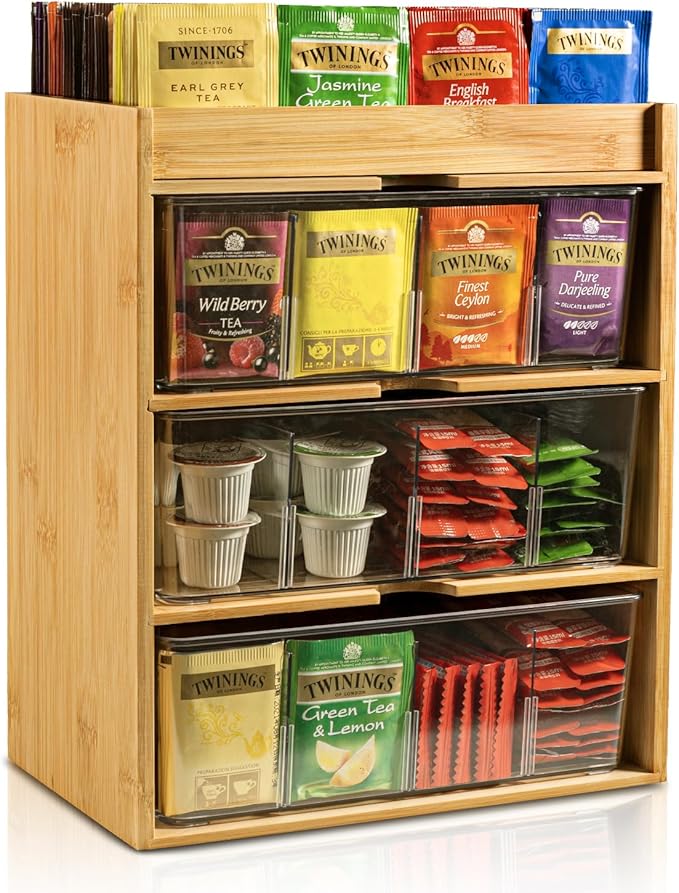 TIMIEEYA Tea Bag Organizer - Bamboo Tea Storage With Drawer 3 Layer, Organizer for Tea Bags Natural Wood & Acrylic for Countertop Office Kitchen Cabinet Pantry