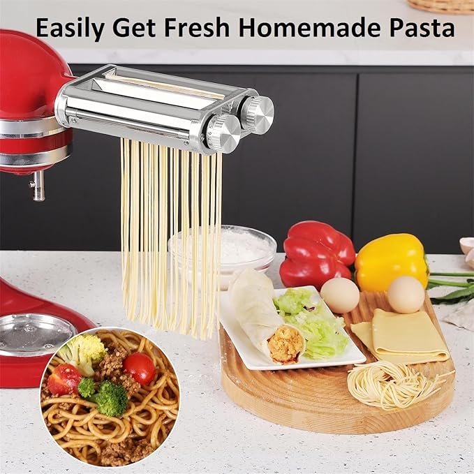 FavorKit 3 in 1 Pasta Maker Attachment Set for KitchenAid Mixers Plus Hub Knob Screw Accessory Included Dough Sheet Roller, Noodle Spaghetti & Fettuccine Cutters-Unique Design