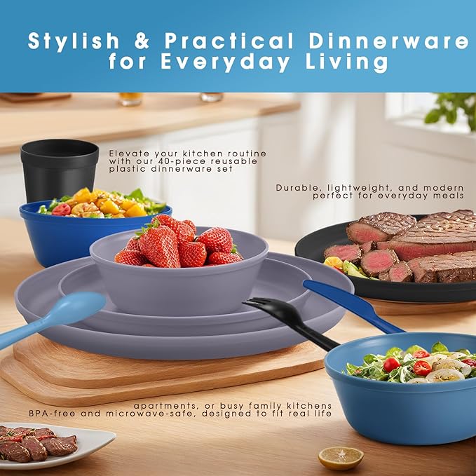 40 Piece Plastic Dinnerware Set for 8 with Cutlery, Unbreakable Plates and Bowls Set, Dishwasher & Microwave Safe Reusable Dish Set for Camping, RV, Outdoor Kitchen, Apartment Dining,Ocean Multicolor