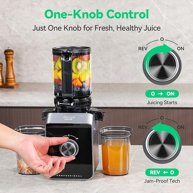 Cold Press Juicer, ORMEO HOME Masticating Juicer Machines with 5.0"Large Feed Chute Fit Whole Vegetables & Fruits, with Pulp Seperation, 99.6% Juice Purity, Quiet Motor, Easy to Clean,BPA Free