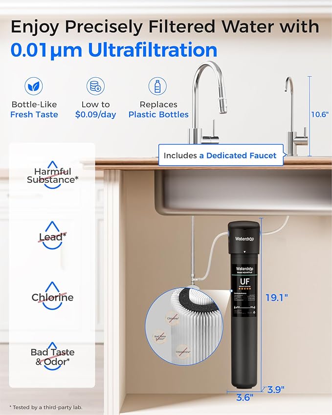 Waterdrop 17UB-UF 0.01 μm Ultra Filtration Under Sink Water Filter System, 3 Years, Reduces Lead, Chlorine, Bad Taste & Odor, with Dedicated Brushed Nickel Faucet