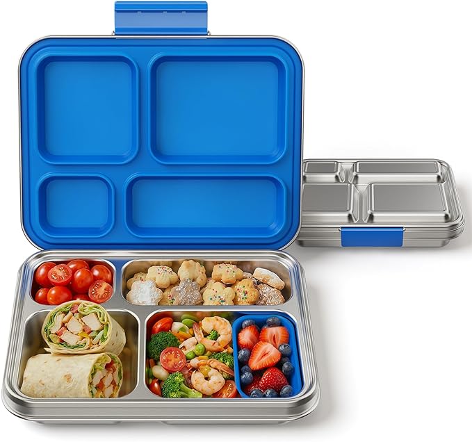 Stainless Steel Bento Box, 4-Compartment Metal Lunch Box with Removable Silicone, Lunch Container for Kids & Adults with Silicone Inner Container, School, Office, Dishwasher Safe(Blue)