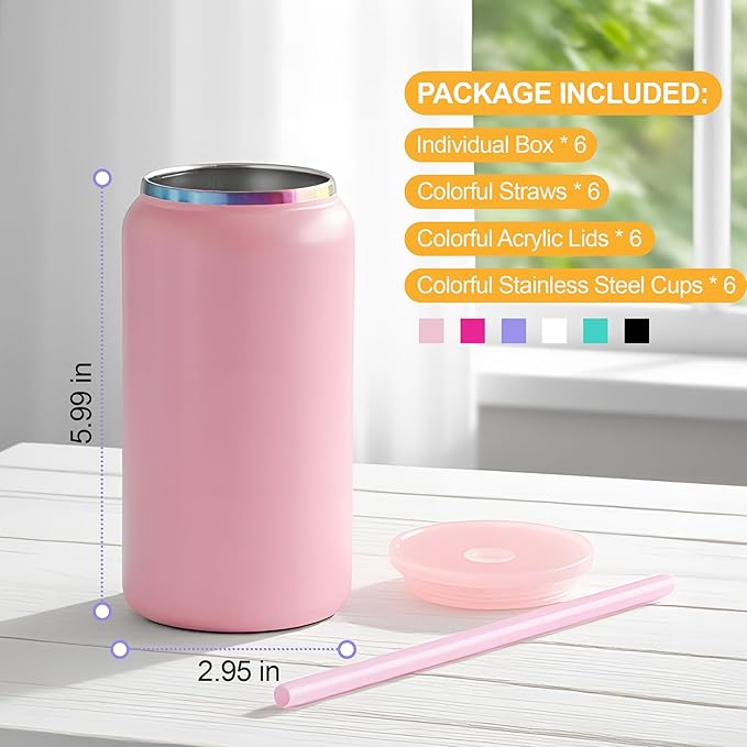 6 Pack Glass Cups with Lids and Straws Unbreakable 16 oz Stainless Steel Can Cup Double Wall Insulated Beer Can Tumbler for Iced Coffee, Juice, Soda, Matte-Colored