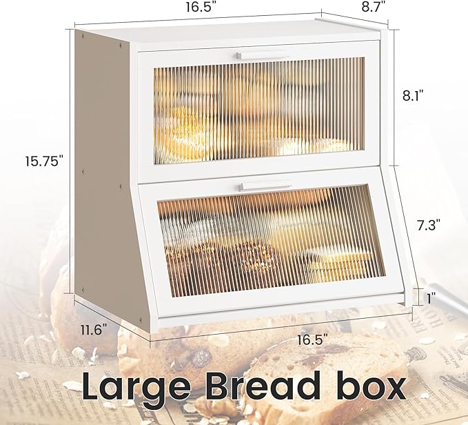GHWIE Double Layer Bamboo Bread Box for Kitchen Counter,Large Capacity Bread Storage Bin,Bread Container with Acrylic Wavy Door Panel (White, Extra Large)