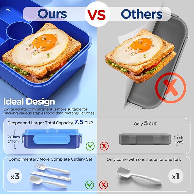 DaCool Bento Lunch Box for Kids - 7.5 Cups Leakproof Large Bento-Style with 4 Compartments Portions Lunchbox with Tableware Back to School, Reusable On-the-Go Meal and Snack Packing, Blue