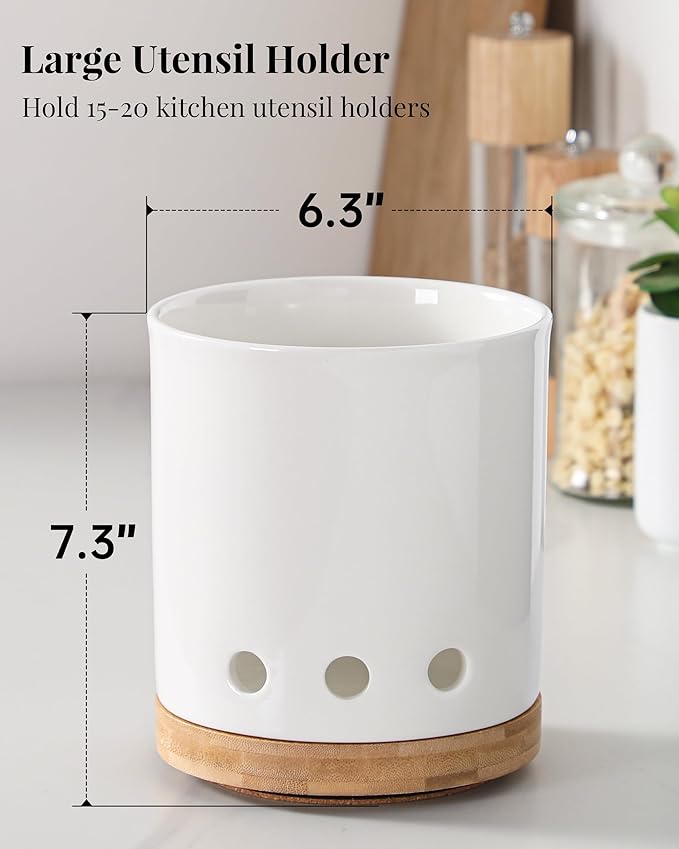 LoeJan 7.3“ 360° Rotating Ceramic Utensil Holder for Kitchen Countertop – Cooking Utensil Crock Organizer with Non-Slip Cork Base for Farmhouse Kitchen Decor, White