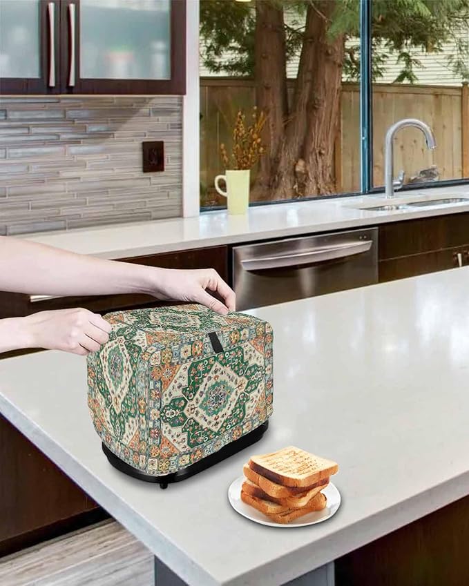 Green Orange Beige Boho Toaster Cover 2 Slice, Retro Ethnic Tribal Dustproof Bakeware Oven Protector with Top Hook, Abstract Art Waterproof Small Kitchen Appliance Toasters Dust Cover, 11"x6"x8"