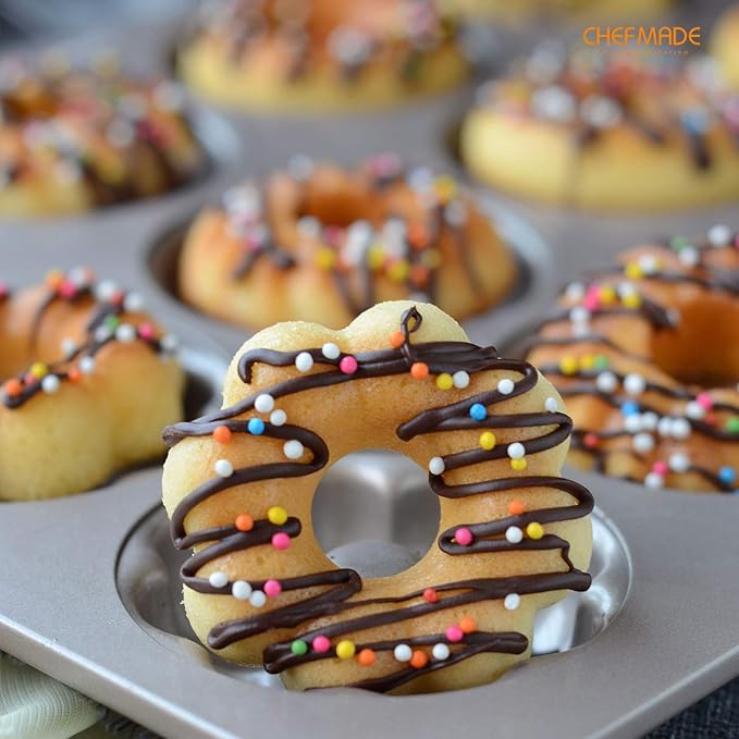 CHEFMADE Donut Mold Cake Pan, 12-Cavity Non-Stick Pattern Doughnut Bakeware for Oven Baking (Champagne Gold)
