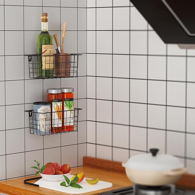 MaraFansie Hanging Kitchen Baskets Wire Storage Basket Adhesive and Screws Basket Over the Cabinet Door Organizer with Adhesive Strips and Screws Accessories, 2 Installations, 4 Pack, Black