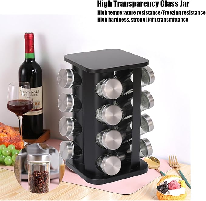 Spice Rack, Spice Rack Organizers for Countertop, Rotating Countertop Spice Rack, Revolving Spice Rack for Kitchen, Kitchen Gadgets, Organizer Rack with Spice Jars (Black, SquareHead_20Jars)