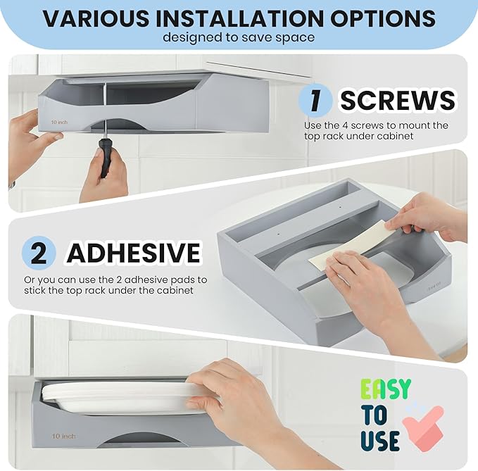 10-inch Paper Plate Dispenser Under Cabinet, Bamboo Paper Plate Holders, Kitchen Counter Vertical Plate Dispensers Holders Countertop Caddy (For 10-inch Plates,Gray)