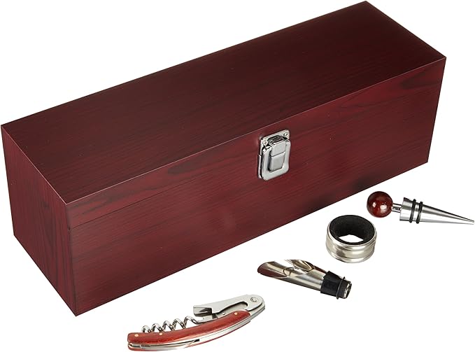 True Cherry 1-Bottle Wine Accessories Gift Set | Premium Corkscrew Opener Kit, Drip Ring, and Wine Pourer and Stopper in Wood Case with Padded Insert