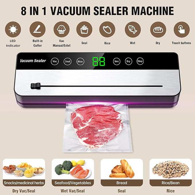 Vacuum Sealer Machine Dry&Moist modes Precision 8-in-1 household food preservation system with build in Cutter, easy to clean, with 20 food sealer bags