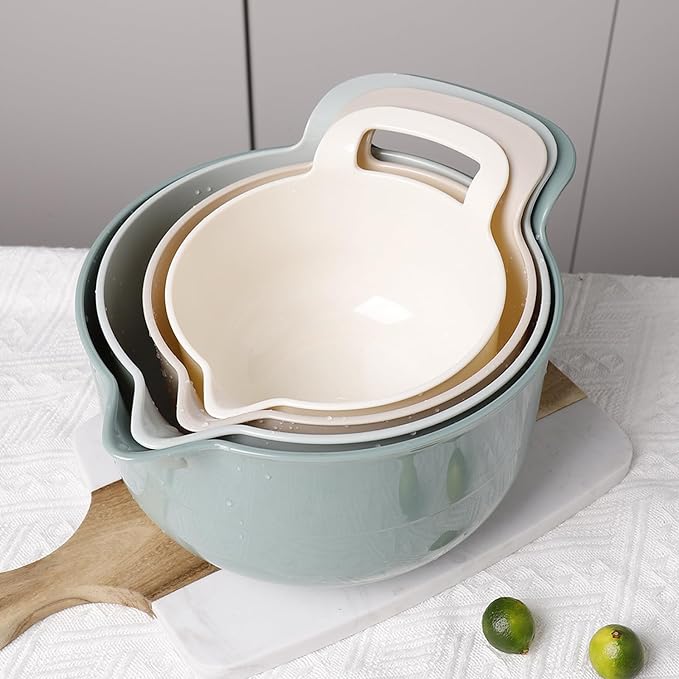 Mixing Bowls - 4 Piece Nesting Plastic Mixing Bowl Set with Pour Spouts and Handles - Non Slip Bottom and Measurement Markings (Light Green)