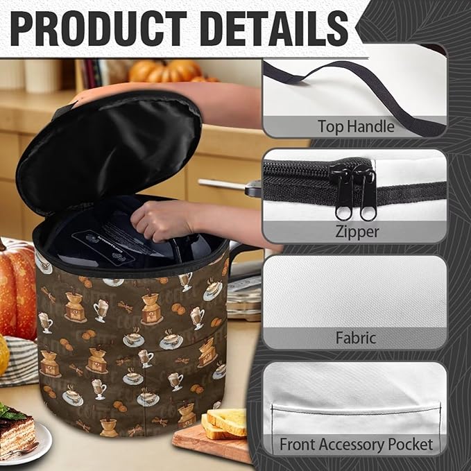 Coffee Print Electric Pressure Cooker Storage Bag Insulated Cloth Cover Electric Pressure Cooker Bag Insulation Bag with Front Pocket