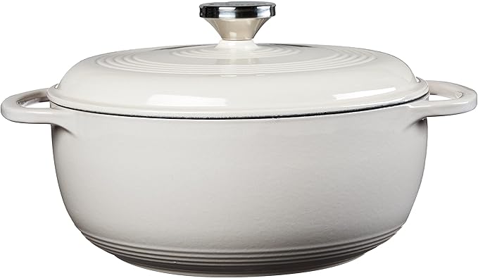 Lodge 4.5 Quart Enameled Cast Iron Dutch Oven with Lid – Dual Handles – Oven Safe up to 500° F or on Stovetop - Use to Marinate, Cook, Bake, Refrigerate and Serve – Oyster White