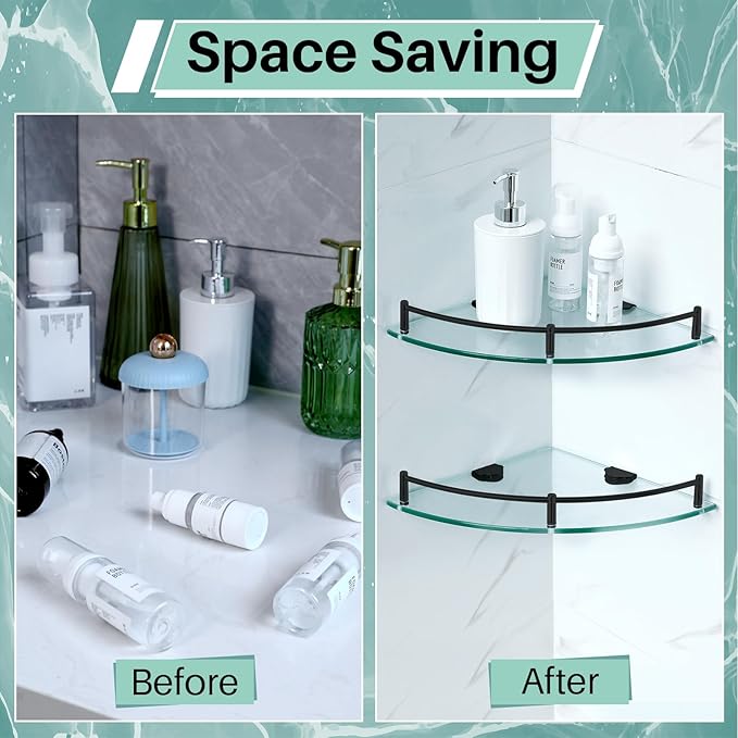 Crowye 2 Pcs Corner Shower Shelf 2-tier Glass Corner Shelf Stainless Steel Wall Mounted Bathroom Organizer for Storing Shower Gel Shampoo Brush, 9.25 Inches (Black)