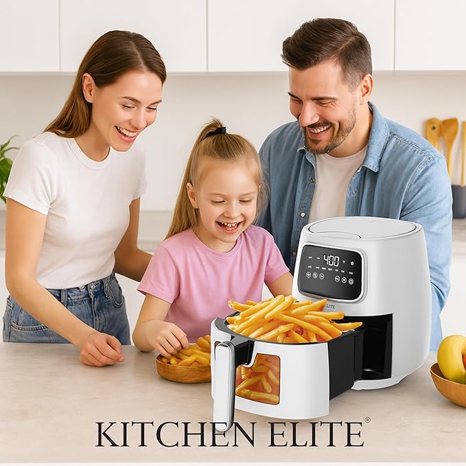 Kitchen Elite 5.5 Qt. Digital Air Fryer, Countertop Cooker with LED Screen, Presets for Air Fry, Roast, Dehydrate, Defrost and Reheat, White
