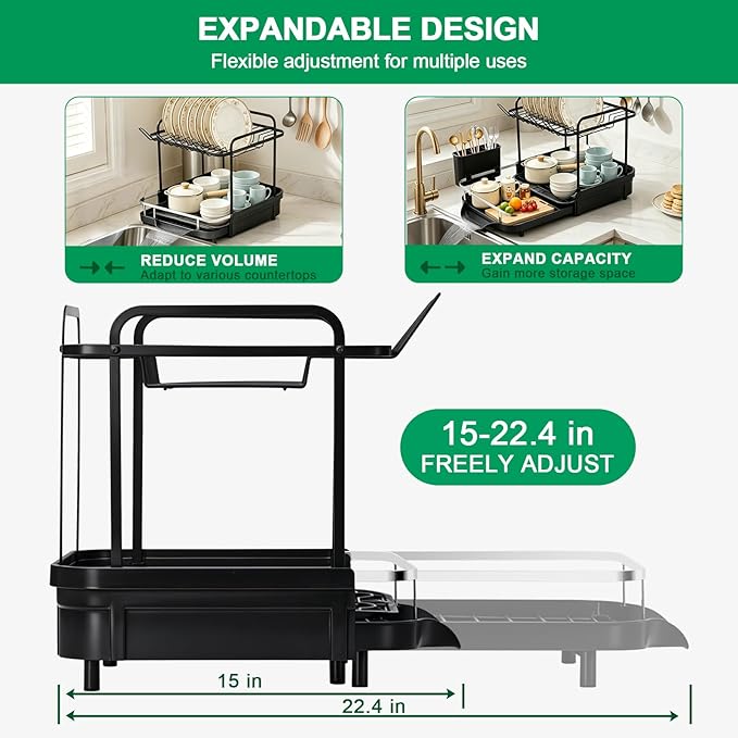 Dish Drying Rack for Kitchen Counter, 2 Tier Large Expandable Dish Drainer with Drainboard Set and Removable Utensil Holder, Space-Saving Countertop Organizer