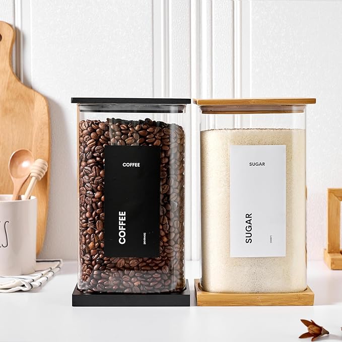 Glass Storage Jars with Bamboo Lids, 100oz Square Food Storage Containers for Kitchen Pantry Organization, Storage Canisters with Labels for Cereal Flour Beans Tea, Large Spice jars Seasoning Bottles