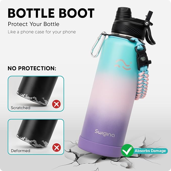 Swigina [2-IN-1 LID] Insulated Water Bottle with Silicone Boot (36hrs Cold/18hrs Hot) - DIY Stickers, Leakproof, BPA Free, 40 oz