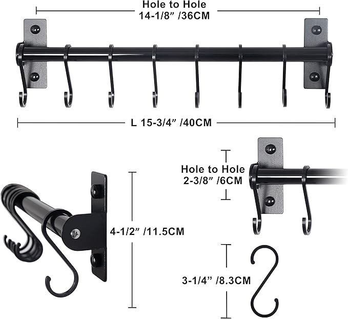 Dseap Kitchen Utensil Holder Hanger, Pot and Pan Rack Wall Mounted, Kitchen Rail with 8 Hooks for Hanging Cooking Utensils, Mugs, Spoons, Wall Mounted, Black, Pack of 2
