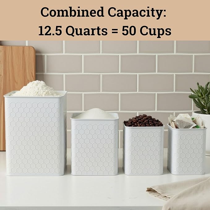Kitchen Canisters for Countertop Set of 4 - Textured Iron Kitchen Canisters with Airtight Lids - Flour Sugar Canister Set - Flour and Sugar Containers Farmhouse - Coffee Jar for Counter - White Jar x4
