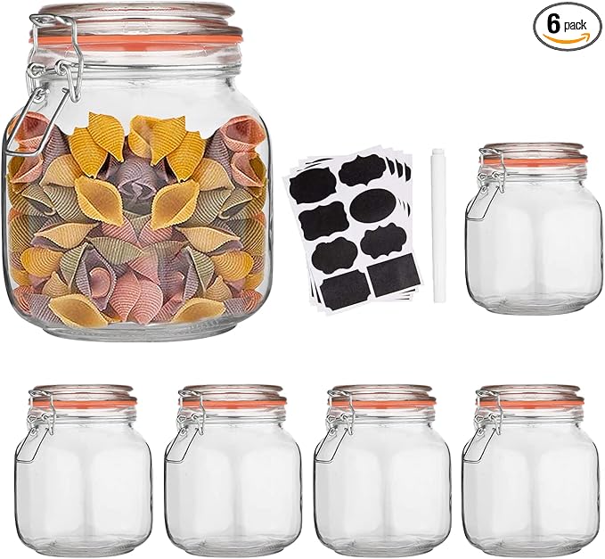 32 oz Glass Food Storage Jars with Airtight Lids,Clear Airtight Canister with Leak Proof Rubber Gasket,1000 ml Square Large Mason Jars with Clamp Lids for Canning,Cereal,Beans,6 Pack