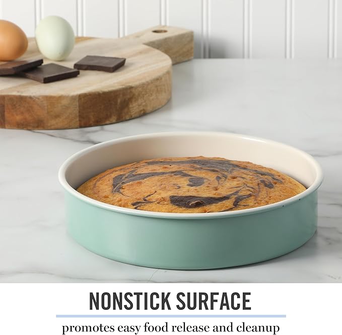 Martha Stewart Gallen 8 Inch Round Nonstick Carbon Steel Cake and Bake Pan - Teal Durable Bakeware for Cakes, Pies & Desserts