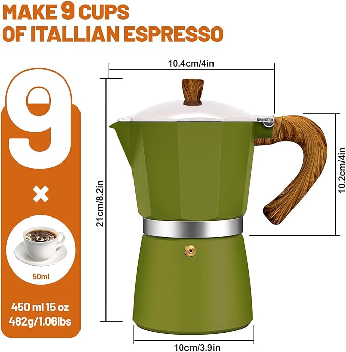 9 Cup Aluminum Espresso Stovetop Moka Pot Express Coffee Maker Percolator Italian Classic Mocha Coffee Machine for Italian and Cuban Cafe Brewing for Home & Camping 450ml 15oz