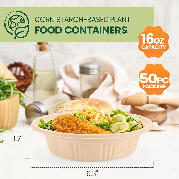 100 Piece (50 Pack) Meal Prep Bowl Containers with Lids, Cornstarch Round Food Containers for Lunch Salad Deli Soup, BPA Free Plant-based Take Out Containers Microwave & Freezer Safe, 16 oz