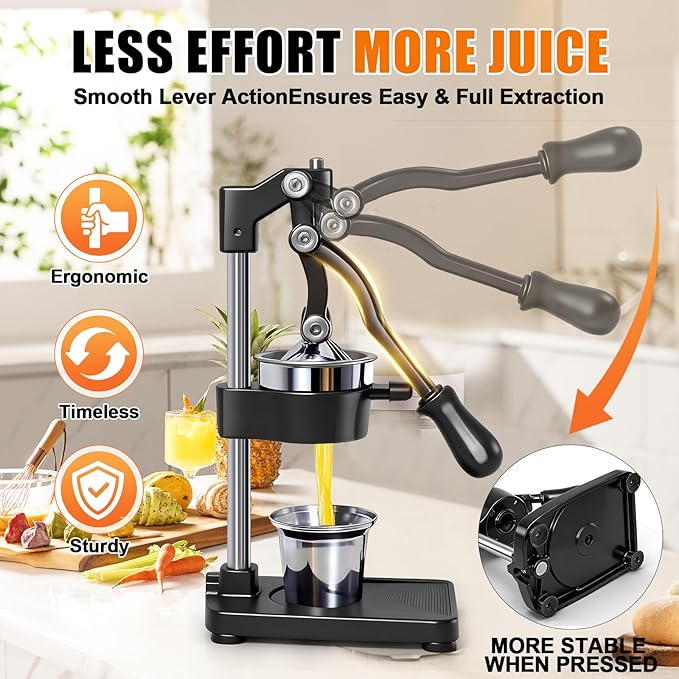 Manual Cast Iron Citrus Juicer,Commercial Hand Press,Heavy Duty Countertop Squeezer for Fresh Orange Lemon Juice,Stable When Pressed,Easy to Use & Clean (black)
