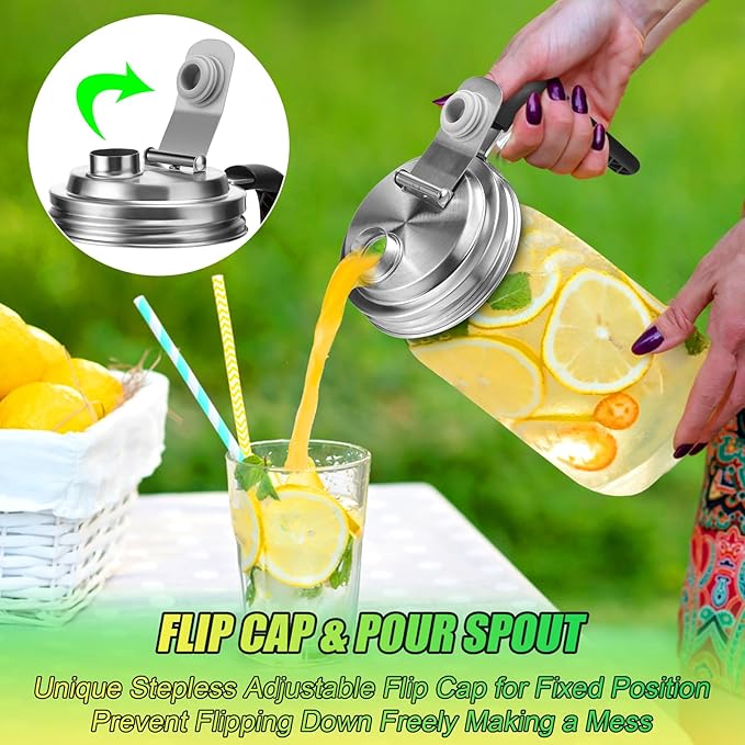 Mason Jar Pour Spout Lid Stainless Steel with Handle, Wide Mouth Pour Spout Flip Cap Lids for Mason Jars, Anticracking Leak Proof Seal Cover Airtight for Drinking Salad Dressing & Food Storing(4PCS)
