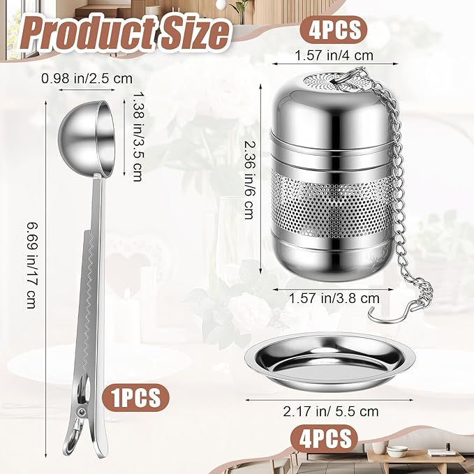 Umigy 4 Pcs Tea Infuser Strainers for Loose Tea with Scoop, Extra Fine Mesh Steeper 304 Stainless Steel Diffuser Leaf Holder with Extended Chain Hook for Brew, Spices, Seasoning (Stylish Style)