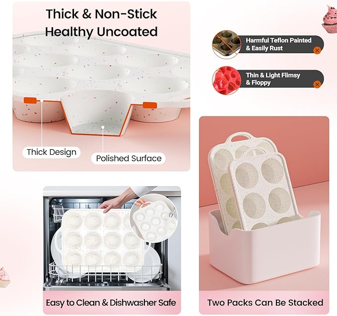 Silicone Muffin Pans for Baking 2 Pack, 2.8 Inch with Metal Reinforced Frame, Regular Size Nonstick Silicone Cupcake Pan 12 Cups for Baking Homemade Muffins, Cupcakes, Dishwasher Safe BPA Free