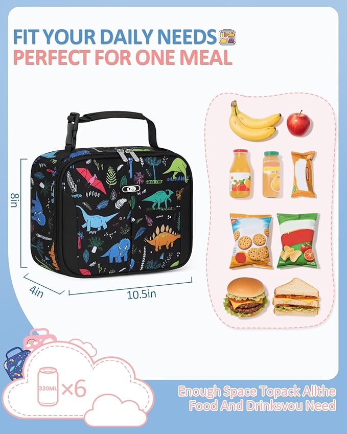 Insulated Lunch Box for Kids, Cute Thermal Lunch Bag for School, Reusable Lunch Tote for Boys and Girls, Durable Cooler Bag with Easy Grab Handle, Lightweight and Easy to Clean Meal Bag,Dinosaurs