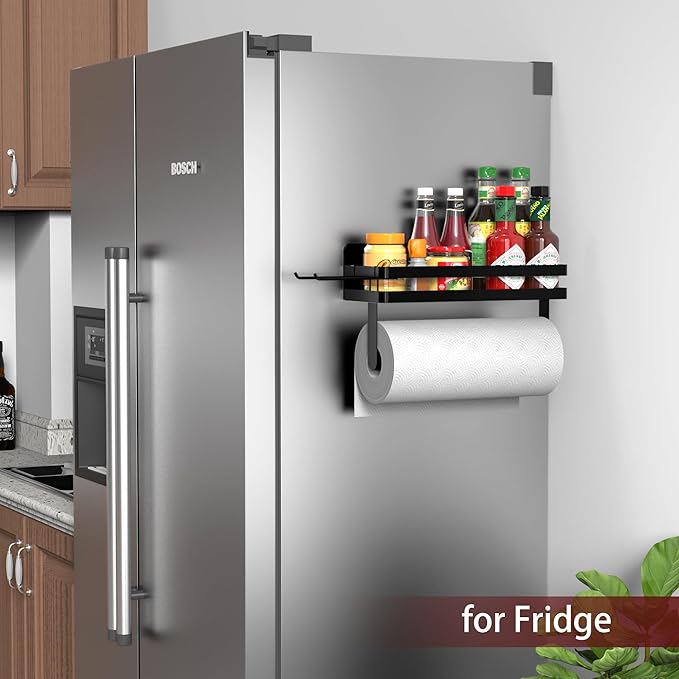 ZUNTO Magnetic Paper Towel Holder for Fridge, Black Kitchen Organizer with Towel Roll Holder, Spice Shelf and 2 Hanging Racks(No Drilling)