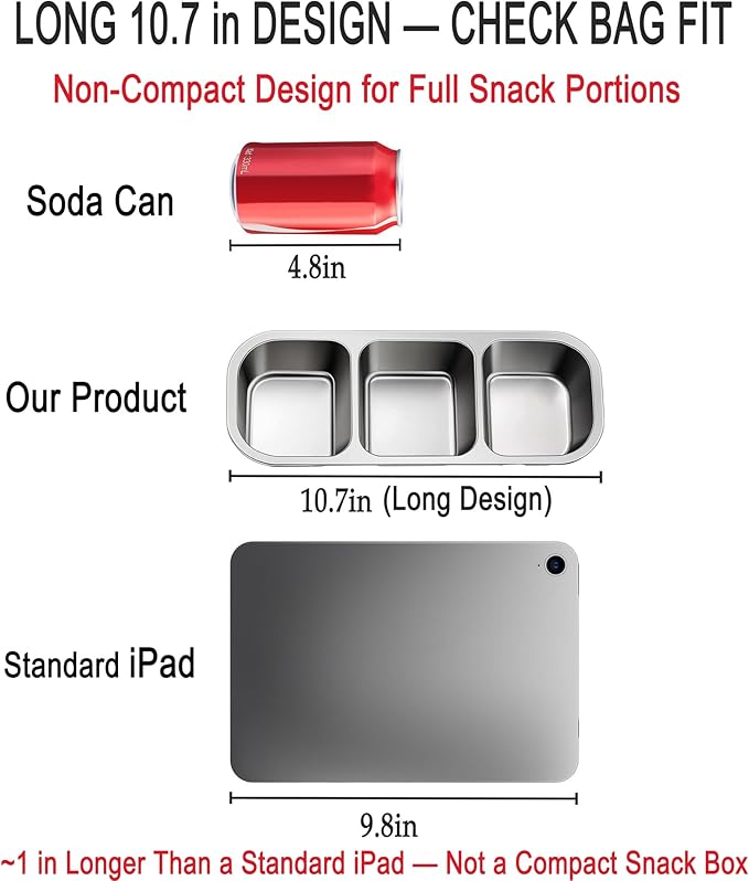 KTKUDY 5 Pack Stainless Steel Snack Containers for Kids & Adults - Large - Leak-Proof 3-Compartment Stackable Snack Lunch Boxes for School, Work & Travel